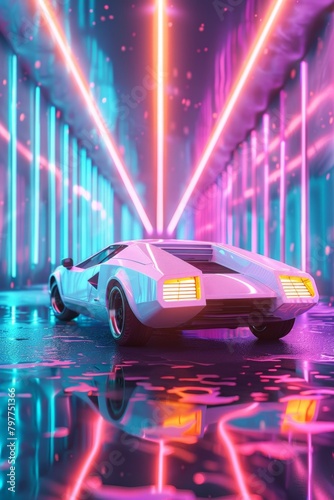 A concept sci-fi retro car in a futuristic style in neon light