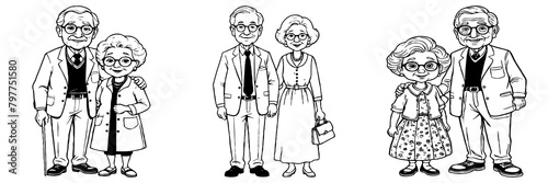 Grandma and Grandpa . Fictional Characters. Black and White Cartoon. Design for greeting cards. Generated by Ai
