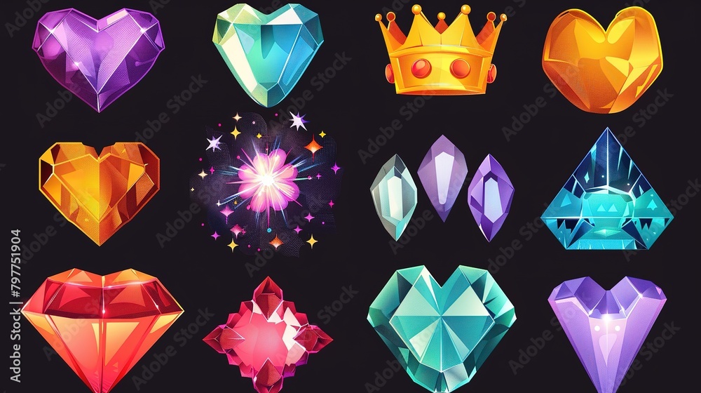 Obraz premium Colorful assortment of cartoon gemstones and crystals on a dark background