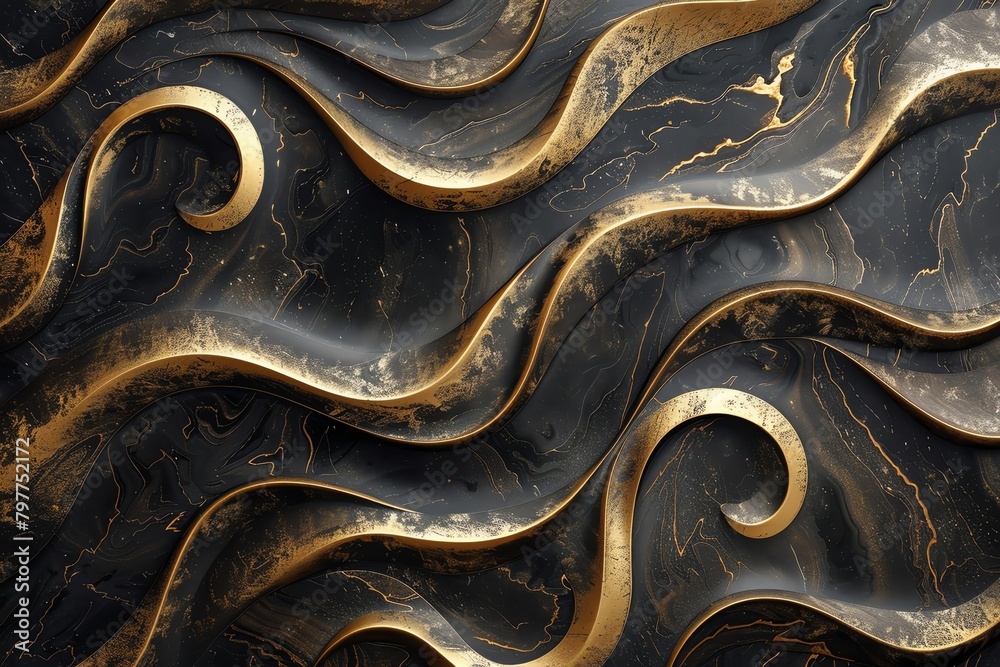 Capture the essence of elegance and sophistication by creating a Panoramic view Dynamic Flow Wallpaper with swirling lines in a harmonious blend of gold and black Utilize Traditional Art Medium to add Capture the essence of elegance and sophistication by creating a Panoramic view Dynamic Flow Wallpaper with swirling lines in a harmonious blend of gold and black Utilize Traditional Art Medium to add