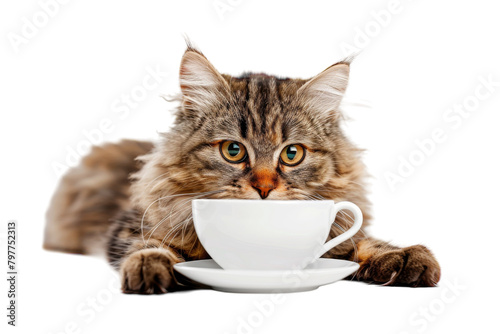 A cat with fur the color of dusk drinks from a white cup