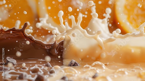 Close-up of a triple splash effect with milk, dark chocolate, and fresh orange juice, emphasizing texture and freshness