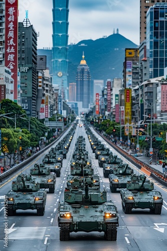 Envision the growing tensions between China and Taiwan, with the threat of invasion looming large Visualize military maneuvers, diplomatic efforts, and the impact on global geopolitics in this tense s photo