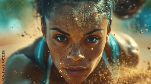 Close-up on the intense expression of a woman in sportswear executing a long jump, sand particles flying upon landing