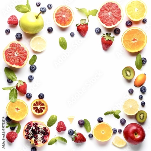 a variety of fruits and berries on a white background