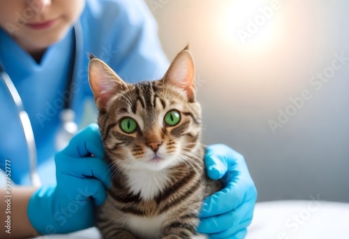 A tabby cat with bright green eyes being held by a person wearing blue medical gloves