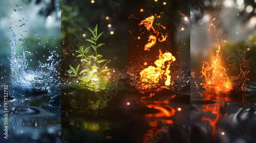 Four elements, water, earth, fire, air. Universe concept. 