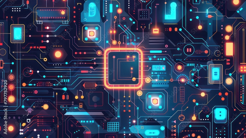 Fototapeta premium AI computer semiconductor circuit board processor technology background 3D design illustration.