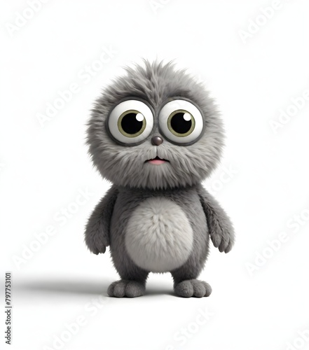 A cute, furry gray creature with large eyes and a round body, resembling a plush toy