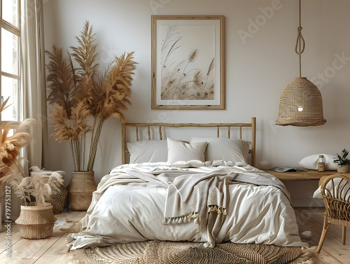Soothing Aesthetic: Tranquil Bedroom with White Frame Mockup and Peaceful Decor