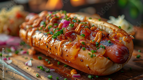 A juicy and delicious hotdog on wooden rustic table