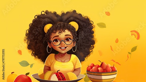 Slimming, close-up. Smiling african plus size woman holding a plate of fruit, healthy eating