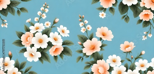 A floral pattern with delicate peach and white flowers on a pale blue background