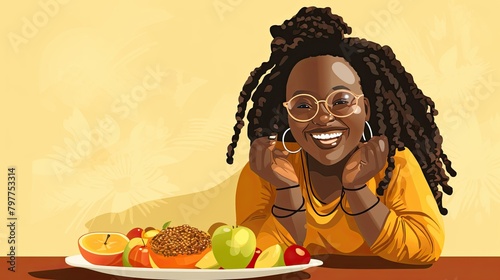 Cute african woman plus size with plate of fruit, slimming concept, healthy eating
