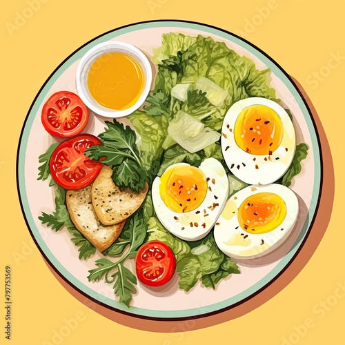 healthy and nutritious salad with a variety of vegetables, eggs, tasty and nutritious, top view