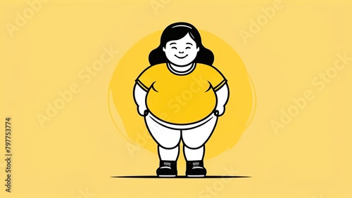 Plus size teen girl, black outline on yellow background, obese