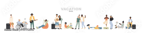 Vacation Time banner. People enjoy different types of leisure activities.