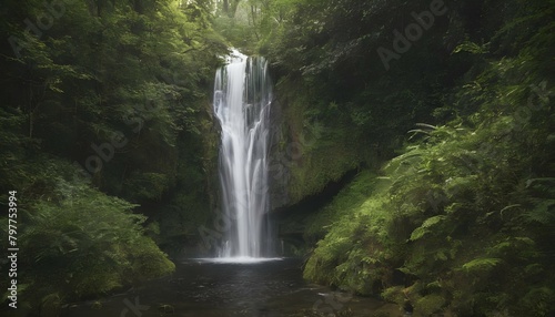 A hidden waterfall nestled within a dense forest upscaled 3
