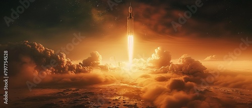 Picture a monumental scene of a space rocket ascending from Earth, its reusable fuselage carrying it on a historic journey to Mars The star ship launches with the grace and power of a falcon, symboliz