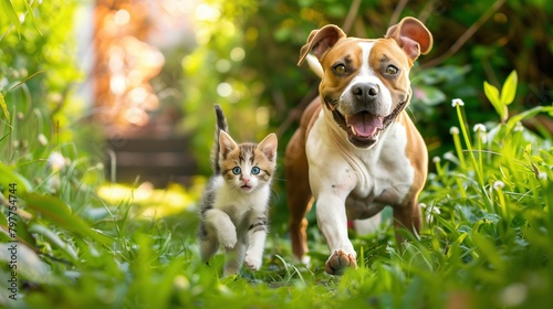 A playful American Staffordshire Terrier dog romping through a lush backyard garden with a tiny kitten, captured in vibrant hues reminiscent of a sunny afternoon