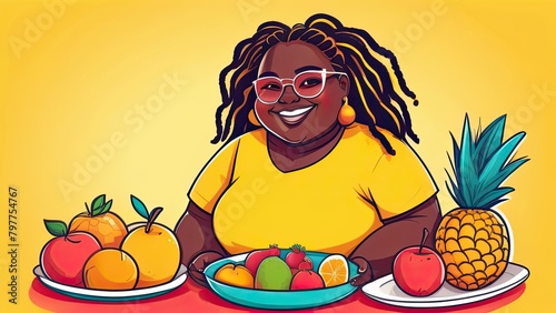 Charismatic african plus size woman sitting next to fruit tubes, weight loss, obesity, healthy eating