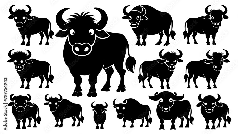 set of cute buffalo silhouette black color 