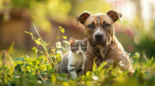 A playful American Staffordshire Terrier dog romping through a lush backyard garden with a tiny kitten, captured in vibrant hues reminiscent of a sunny afternoon