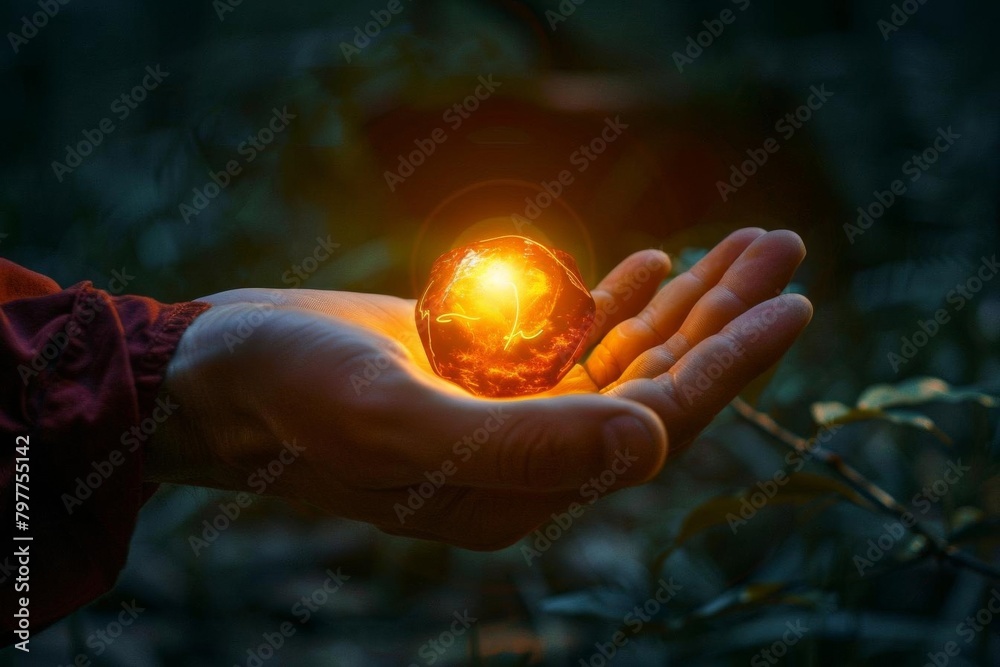 A glowing orange orb sits in an open palm