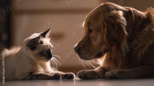 Portrait animal friends golden retriever dog and british cat short hair eating together. AI generate