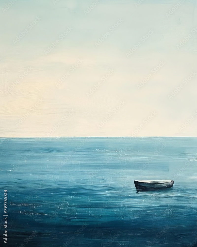 A boat floating in the middle of the ocean. The sky is clear and blue, and the water is calm and still. The boat is small and wooden, and it looks like it could be lost