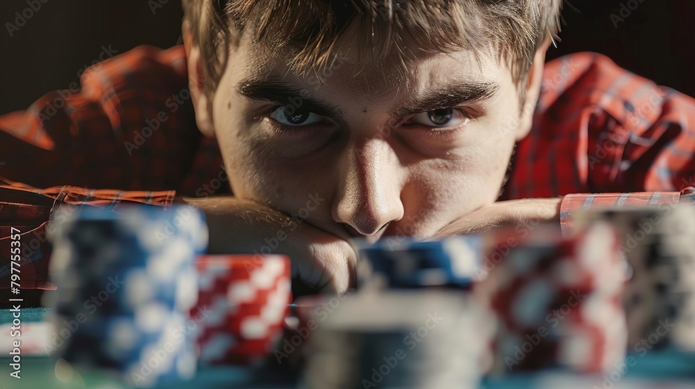 Subtle image of a person contemplating their move in a high stakes poker game, with focus on their intense eyes and the strategic placement of cards and chips on the table Subtle image of a person contemplating their move in a high stakes poker game, with focus on their intense eyes and the strategic placement of cards and chips on the table
