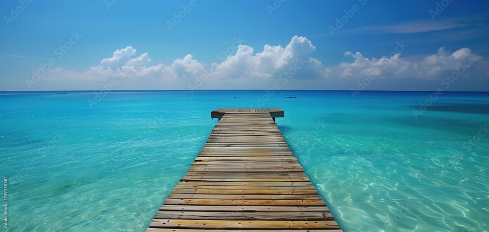 A tranquil wooden pier stretching into the endless expanse of azure waters, fringed by vibrant coastal flora
