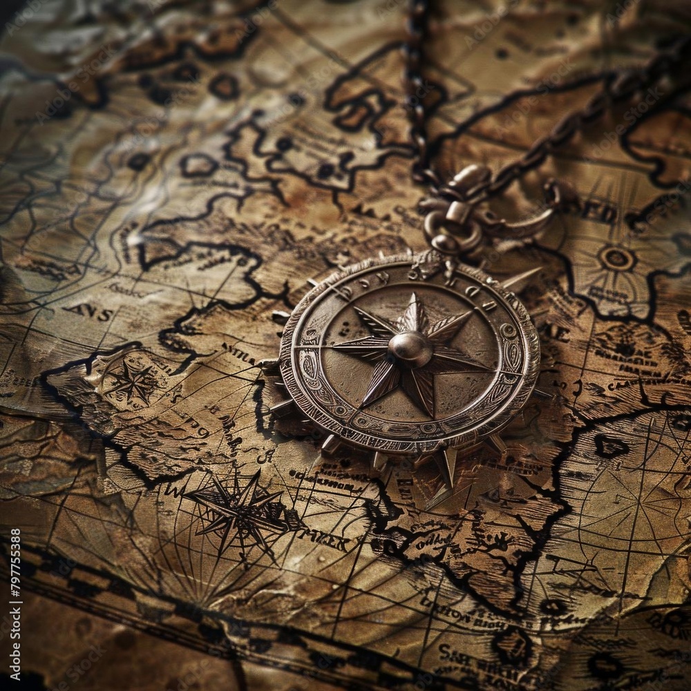 Vintage inspired image of an old map with a metallic talisman placed on top, suggesting a theme of adventure and discovery across ancient lands
