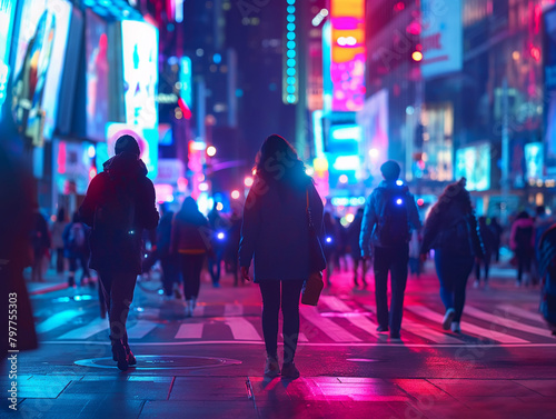 A busy city street at night with neon lights and people walking