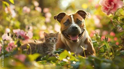 A playful American Staffordshire Terrier dog romping through a lush backyard garden with a tiny kitten, captured in vibrant hues reminiscent of a sunny afternoon