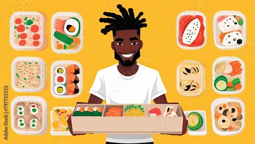 Dark male food delivery man with cardboard box on background of menu options