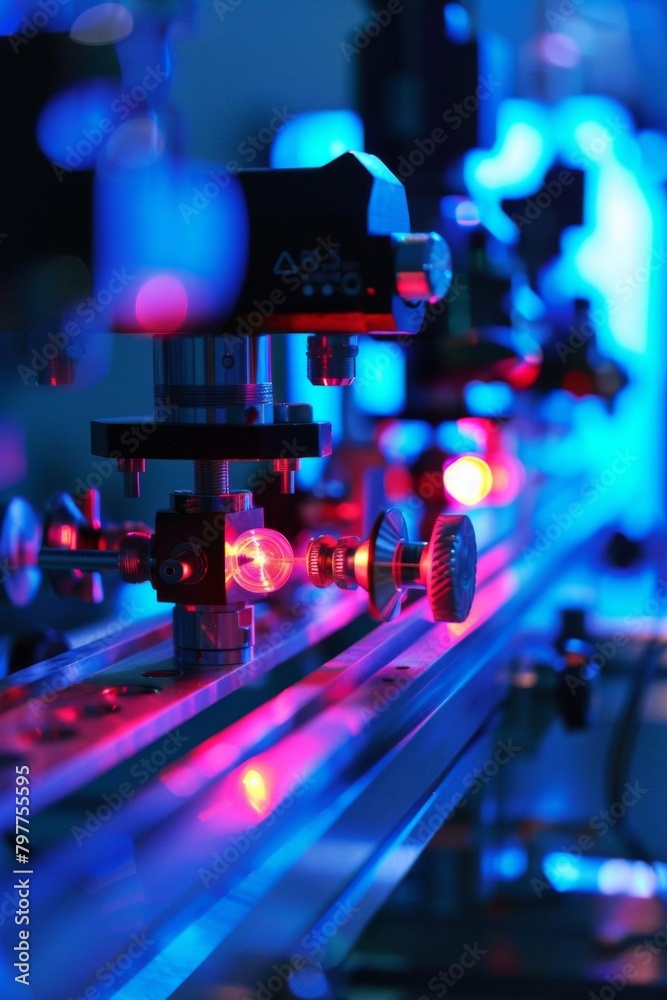 A close up of a laser beam being focused by a lens. The laser is red and the lens is blue A close up of a laser beam being focused by a lens. The laser is red and the lens is blue