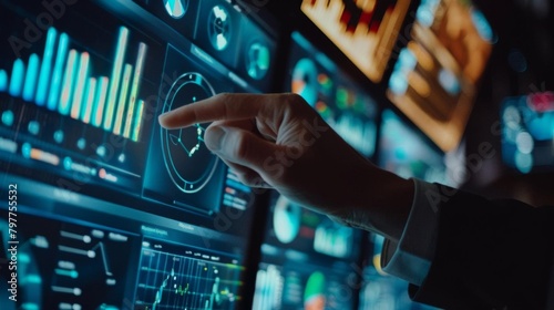 A man in a dark suit is pointing at a futuristic screen with his finger