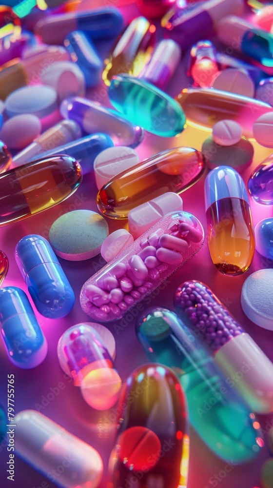 Colorful, high resolution 3D render of various prescription medications, pills and capsules artistically displayed in a vibrant tableau Colorful, high resolution 3D render of various prescription medications, pills and capsules artistically displayed in a vibrant tableau