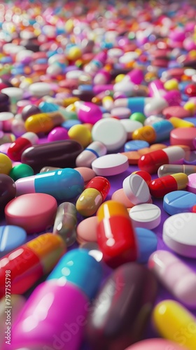 Colorful, high resolution 3D render of various prescription medications, pills and capsules artistically displayed in a vibrant tableau