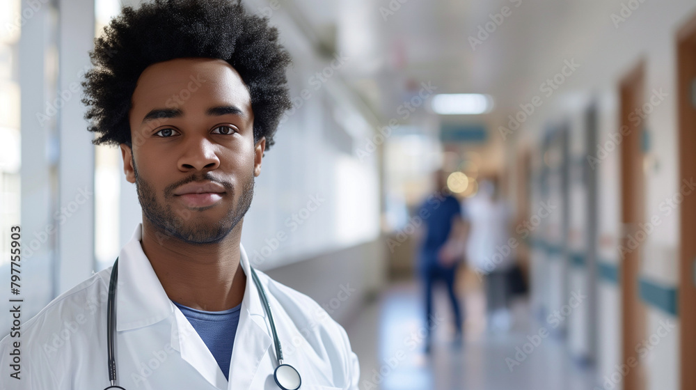 Afro-haired male midwife standing confidently in a busy hospital corridor, Ai Generated Images