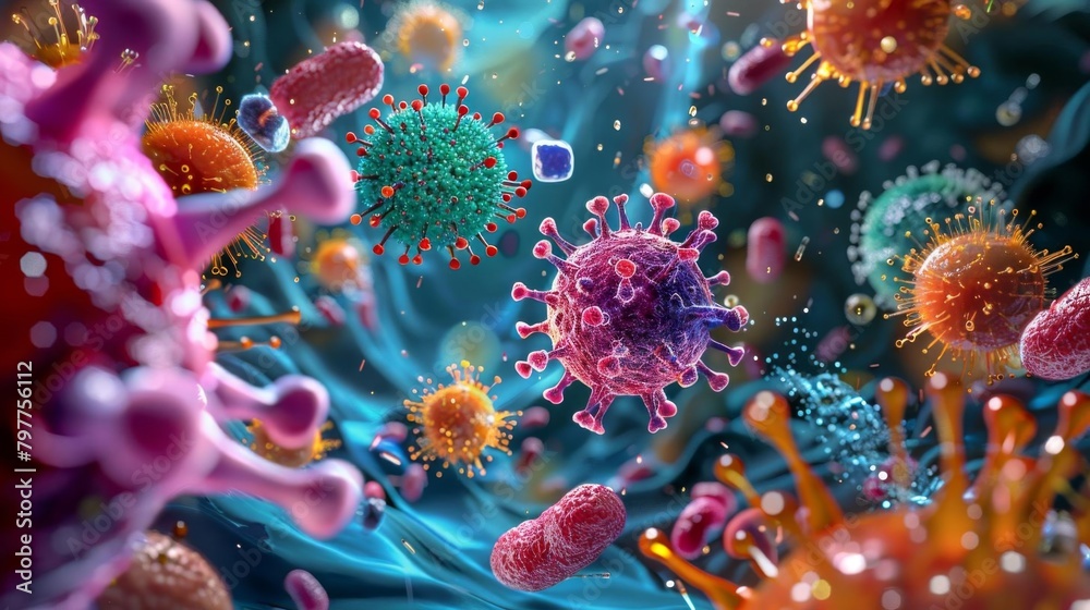 3D render of a vibrant depiction of the human immune system at work, showing various immune cells actively engaging with invading pathogens 3D render of a vibrant depiction of the human immune system at work, showing various immune cells actively engaging with invading pathogens