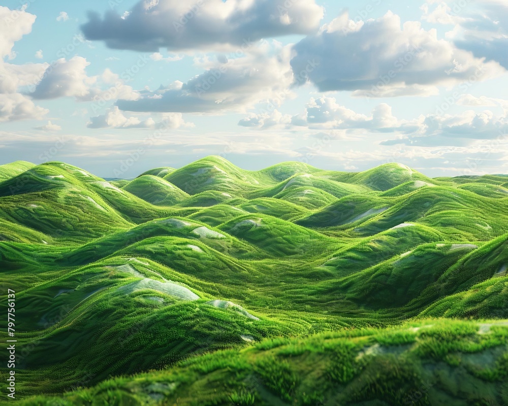 3D render of an Infinity Green environment, featuring a lush, endless landscape of rolling hills and vibrant greenery, under a looping sky