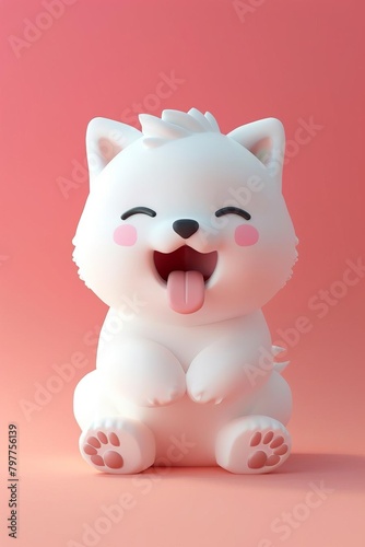 A cute cartoon dog with a big smile on its face. The dog is sitting on a pink background and has its tongue out