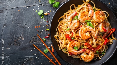 Top view rice noodles with shrimp and vegetables, Asian food in dark plate on the table. AI generate