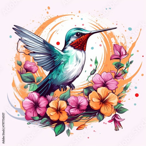 A hummingbird is perched on a flower with pink and orange petals
