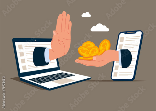 Giving a bribe. Refuse or reject offer. Stop corruption, anti bribery. hand refuse to take illegal money. Flat vector illustration