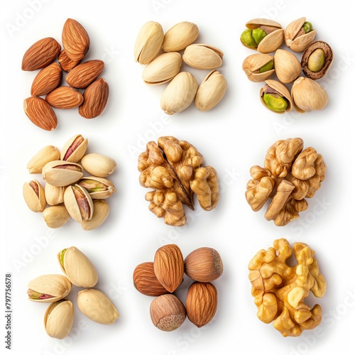 variety of nuts isolated on white background top view, viewed from above