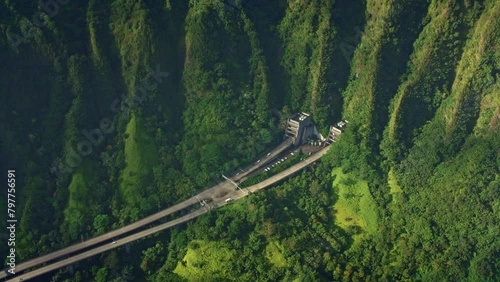 Hawaii's Scenic Route: Aerial 4K View of Haiku Valley and Interstate Highway H-3 Tunnels photo