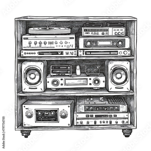 Vintage radio. Hand drawn vector illustration. Black and white.